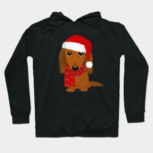 Longhaired Dachshund with Santa Hat Cute Christmas Wiener Dog Hoodie